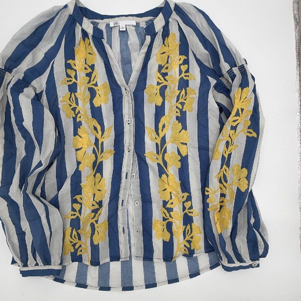 DR2 Blue White Striped Blouse with Gold Accents Small